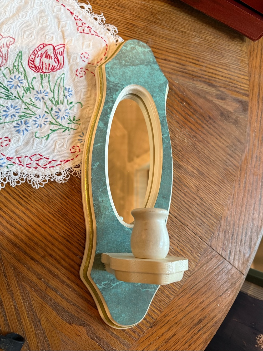 Vintage-Style Green and Gold Wall Mirror Shelf by